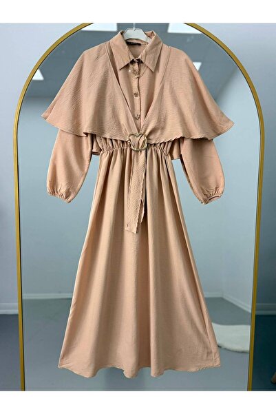 YILMAZBARMAZ Gold Buckle Detailed Hijab Dress with Elastic Waistband
