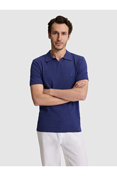 Cacharel Indigo Slim Fit Modal Blend Apaş Collar Knitwear T-Shirt 50324008-Vr028