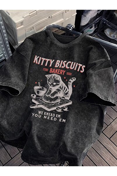 Touz Moda Kitty Biscuits Printed Washable Vintage Unisex Oversize T-Shirt