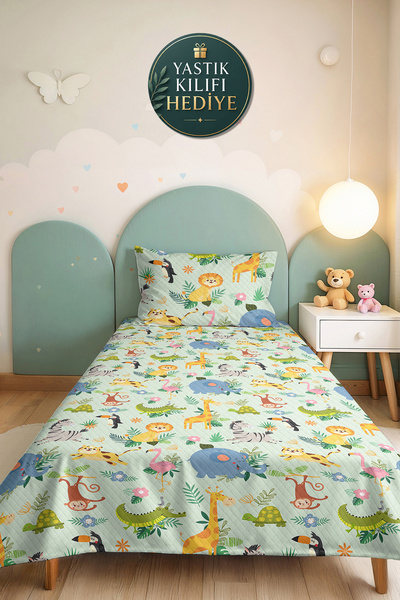 Evimde Bambaşka Safari Animal Kids' Room Single Pique Set - Pastel Tropical C...