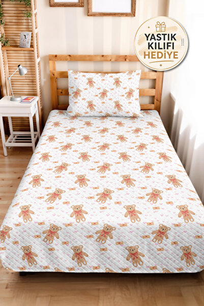 Evimde Bambaşka Pink Girls' Pique Set with Teddy Bear - Beige Baby Room Seaso...