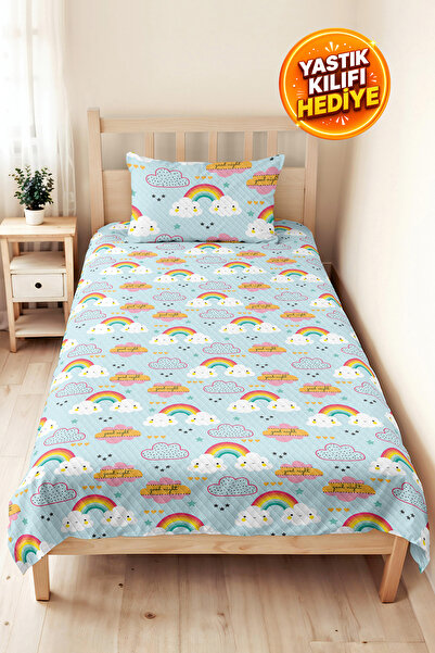 Evimde Bambaşka Rainbow Cloud Blue Children's Room Single Pique Set - Pastel ...