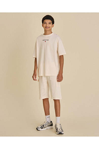 REDTAG Senior Boys Cream 2 Pieces Short Sleeve T-Shirt With Shorts Set