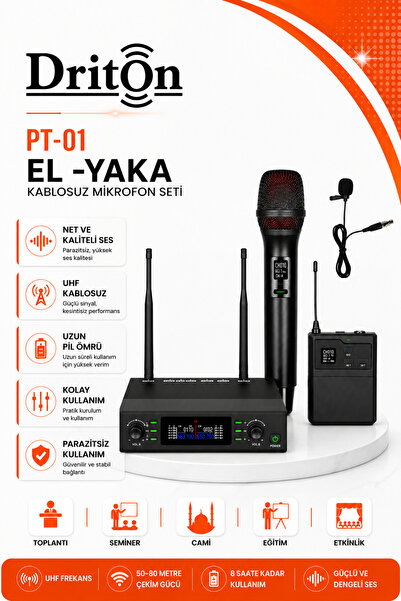 DRİTON P-01 UHF ÇİFT KANAL KABLOSUZ EL - YAKA MİKROFON