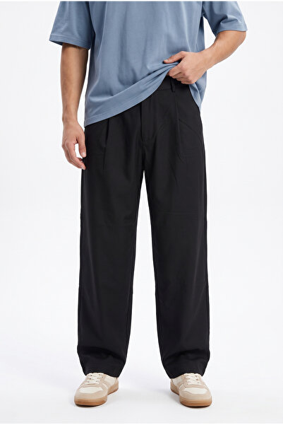 Respire Men's Pleated Detailed Fabric Baggy Trousers Black