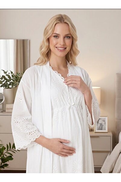 Pelin Women's Ecru Linen Scalloped New Season 2-Piece Maternity Nightgown Set...