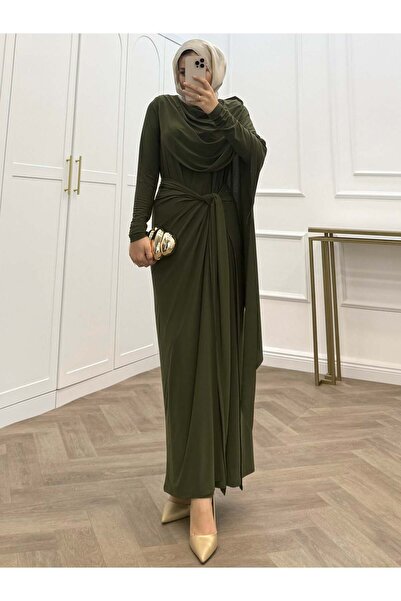 bezenstore BELDEN PARÇA DETAYLI SANDY HAKİ ELBİSE