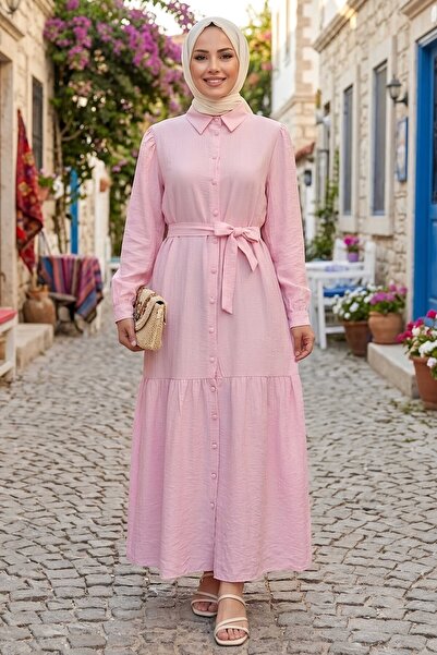 TOFİSA Eteği Pile Detaylı Kuşaklı Elbise Pembe - 28626-PEMBE