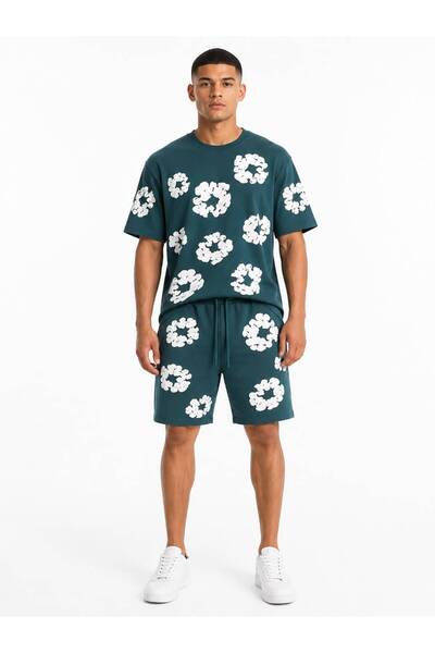 HZR wear Men's 2-Piece Set Printed Shorts T-Shirt Set Oversize Double Face