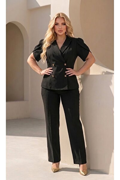 Butik Nilyam فستان سهرة نسائي مقاس كبير بياقة مزدوجة وأكمام مزدوجة مزينة بأزر...