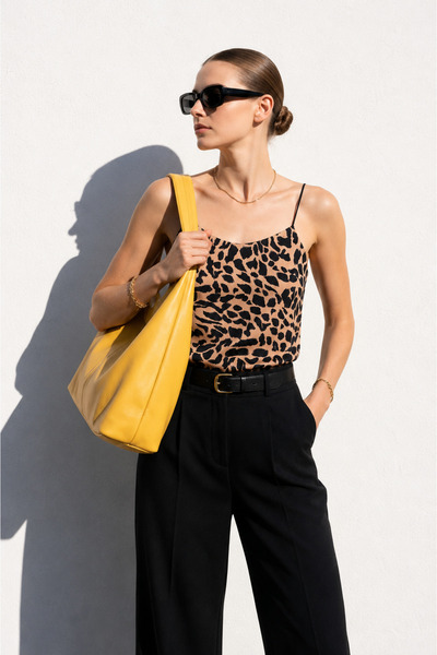 Combout Women's Leopard Patterned Rope Strap Summer Blouse