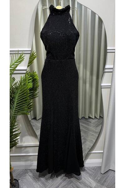 led style Shiny Halter Evening Dress with Front Slit