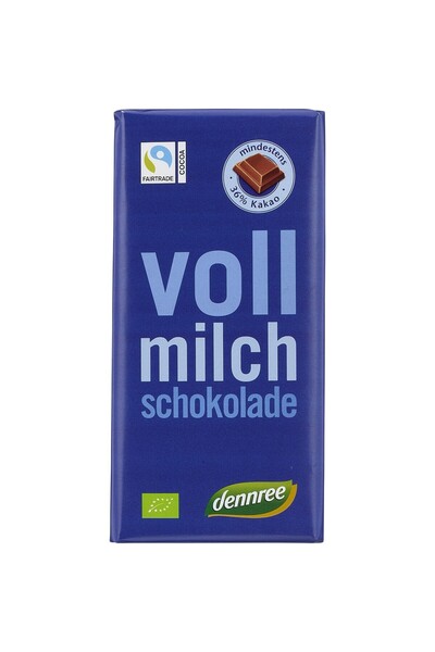 Dennree Ciocolata cu lapte integral 34% cacao,