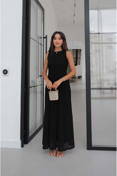 Havoş Black Lined Lace Embroidered Long Dress