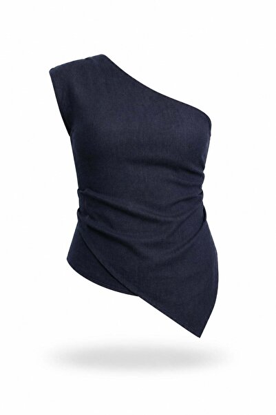5in1Canpolat Lacivert Asimetrik Yaka Denim Bluz 3281