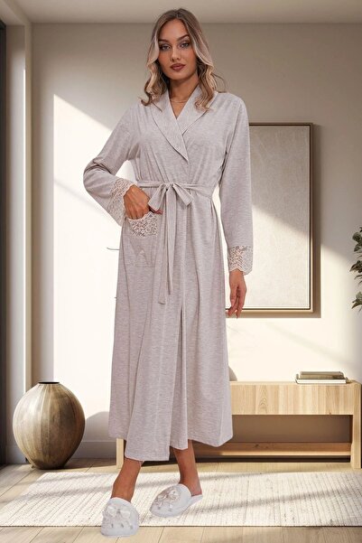 Mecit Pijama Women's Long Sleeve Dressing Gown with Large Size Guipure Detail...