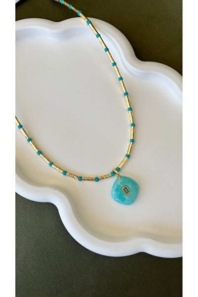 FASION JEWELLERY Turkuaz renkli baklava desen taşlı boncuklu kolye