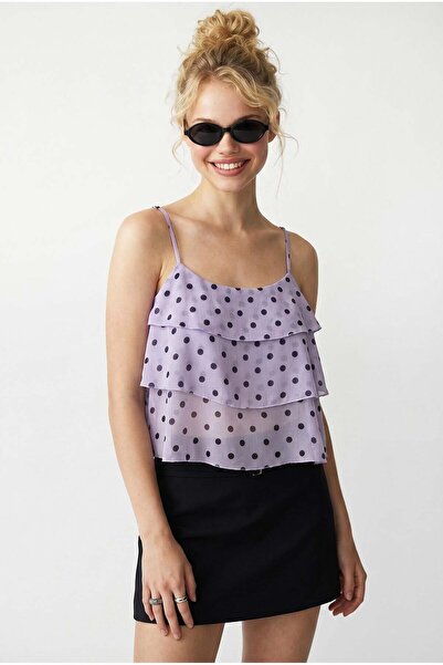 Mixray 4943 Kadın Puantiyeli Şifon Fırfırlı Askılı Crop Bluz Lila
