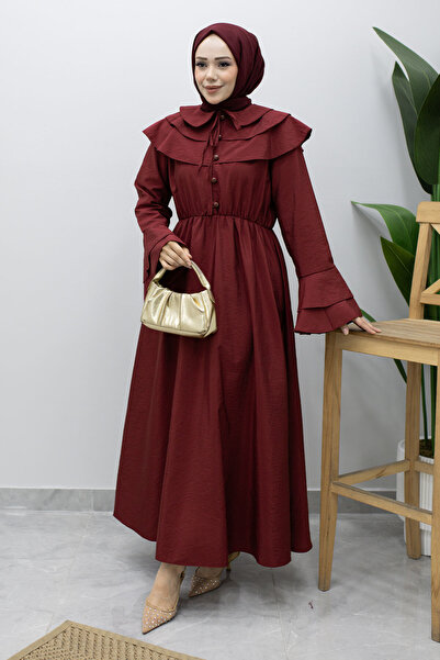 Tesettür Dünyası Baby Collar Buttoned Dress Tsd260250 Claret Red