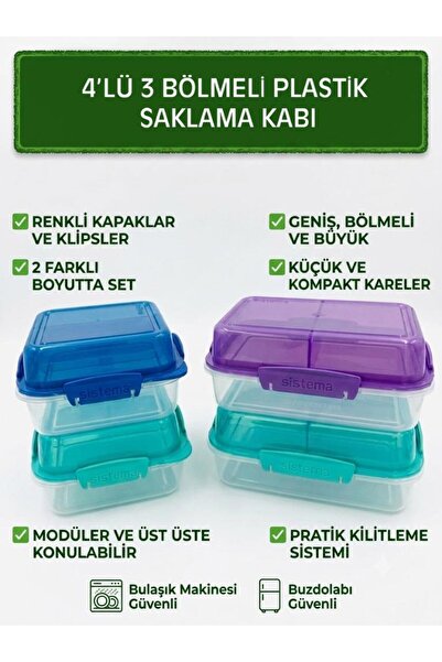 Saban Set of 4 3-Compartment Storage Containers – Food Storage Box with Locki...