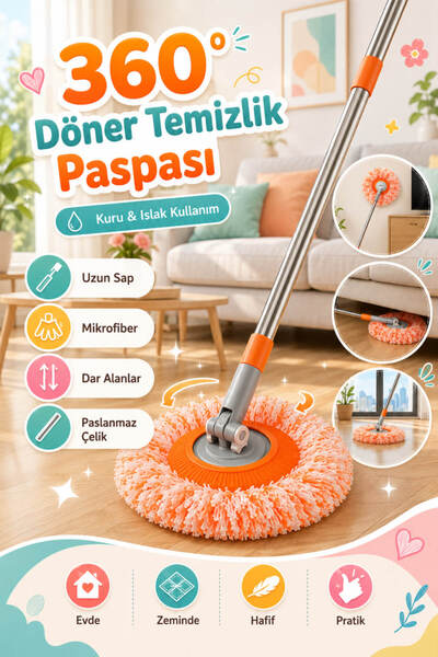 Anadolu Saray 360° Döner Mikrofiber Temizlik Paspası Ayarlanabilir Uzun Saplı...
