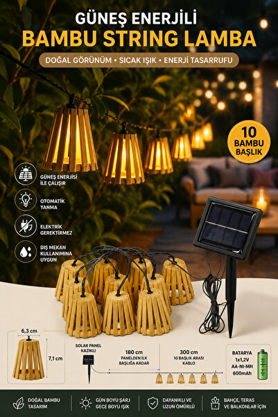 Binbirreyon 10 Adetli Bambu Solar Aydınlatma Zinciri Güneş Enerjili Aydınlatm...