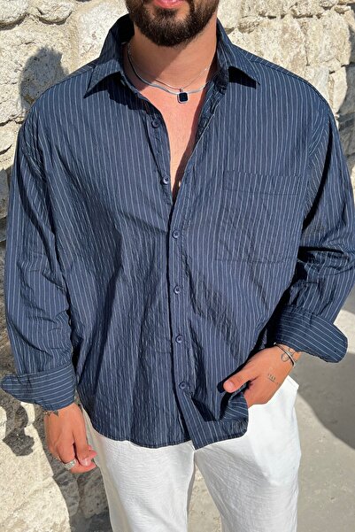 OUTFİT MAN Pocketed Thin Striped Oversize Shirt Navy Blue
