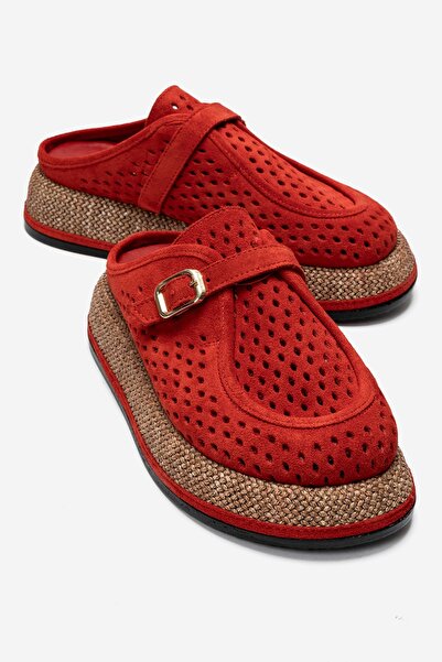LuviShoes شبشب نسائي من الجلد الطبيعي باللون الأحمر من VONE مع حزام ومقدمة مغلقة
