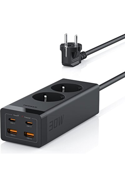 TESSAN 2'li Grup Priz 20W 2 USB A ve 2 USB Type-C Girişli Uzatma Kablosu 2m -...
