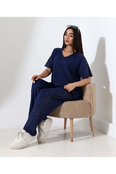 Elaxi Women's Spreader Stone Detailed V-Neck Oversize T-Shirt Pants Set