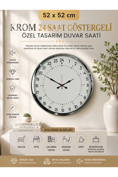 ZENTİME Krom 24 Saat Göstergeli Özel Tasarım Duvar Saati