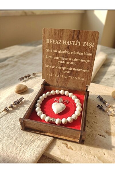 Meneva Aksesuar White Howlite Stone Natural Stone Necklace with Wooden Box, B...