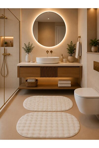 Lionhome Bubble kabartmalı Renk Krem Yumuşak Peluş Banyo Halısı 2'li Set Kaym...