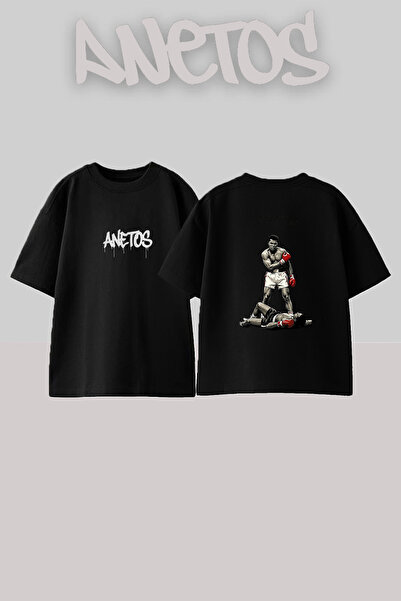 Anetos Muhammad Ali_2 Μαύρο μπλουζάκι με στάμπα σχεδίου και oversized εφαρμογή