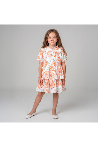 Kidyra Girl's Floral Patterned Ruffle Detailed Layered Short Sleeve Dress