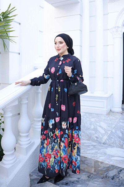 İmajButik Koyu Lacivert Yarım Düğmeli Kol Lastikli Eteği Katlı Elbise