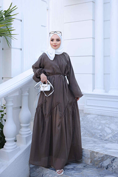 İmajButik Kahverengi Bel Bağlamalı Dikiş Detaylı Elbise