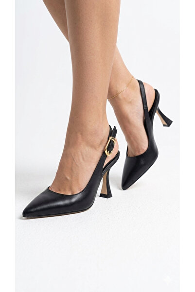 İ-ZZCELLA MODA Women's Black Leather Pointed-Toe Classic Goblet Heel Shoes wi...