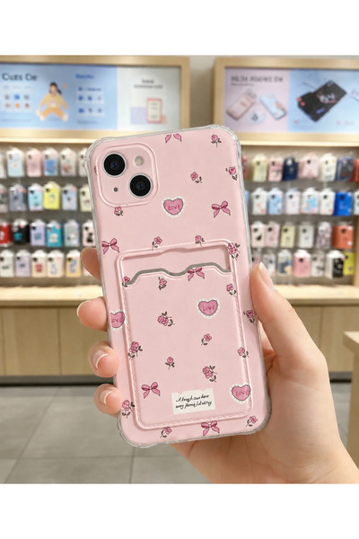 OVADA İphone 13/14 Uyumlu Kamera Korumalı Kartlıklı Kalp Çiçek Desenli Telefo...