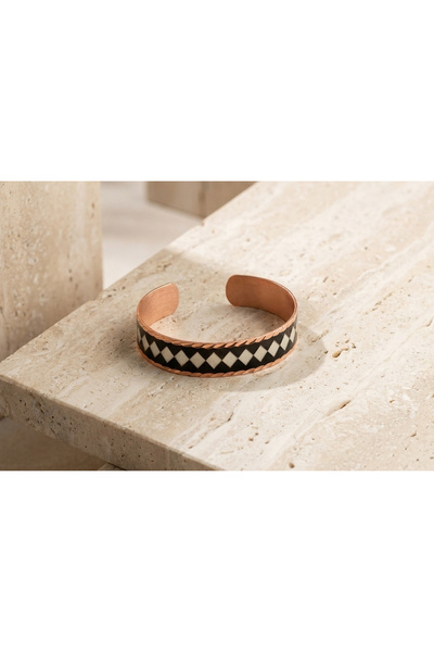 Erol Bakır Copper Black and White Geometric Pattern Adjustable Cuff Bracelet