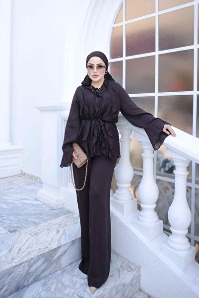 İmajButik Kahverengi Fırfırlı Çizgili Kimono Pantolonlu Takım