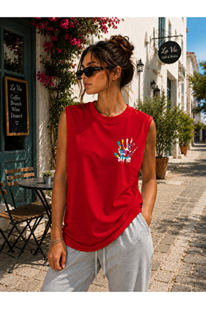 caddekombin Sıfır Kollu Sırt El Baskılı Pamuk Penye Bisiklet Yaka T-shirt