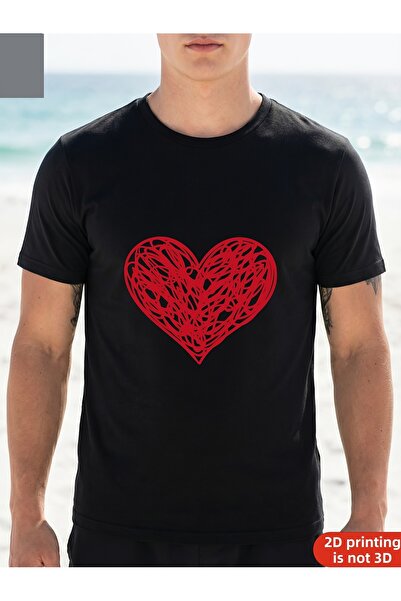 212Wear Black T Shirt with Red Heart Pattern for Beach Casual Wear