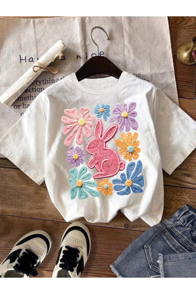 212Wear تي شيرت صيفي أنيق بتصميم أرنب مزين بالزهور، مثالي للارتداء اليومي. قط...