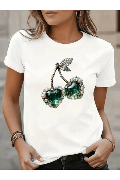 23 nisan Women' Light Luxury Imitation Diamond Cherry Print T-Shirt - Short Sleeve Round Neck -Compatible Top, Machine Washable Opaque Shirt Suitable for Seasons, Casual & Professional Wear, Versatile Wardrobe