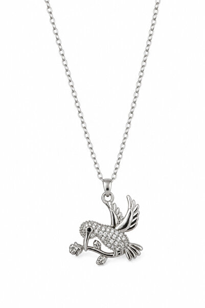 Jack Ferrero Elegant Bird Figured Gray Steel Necklace with Zircon Stone Detail