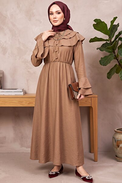 hadiora Button-Front Flounce Hijab Dress - Long Casual Dress with Ruffle Detail