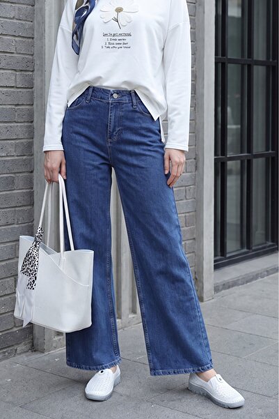 Modamorfo Zippered Palazzo Jeans with Pockets -Indigo