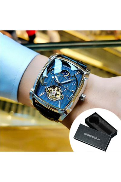 Choice1 BOX SILVER BLUE Tonneau Moon Phase Automatic Watch for Men Luxury Bra...