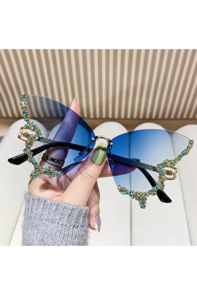 Choice7 Blue Luxury Diamond Butterfly Sunglasses Women Brand Y2K Vintage Riml...